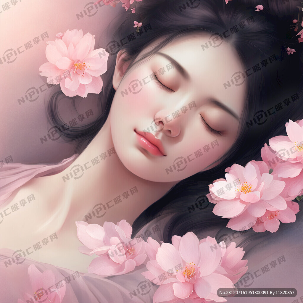 年轻女性 粉色花朵 睡美人