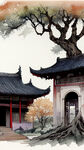 在画面的下方有一棵大树，大树的右后方有一个中国古寺建筑，古寺建筑后面有一条小路，小路的尽头有一个人物剪影，小路的右边一有个中国南方徽派建筑，远处又远山和朝阳