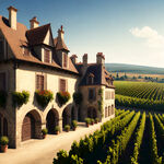 全景，远景，广角镜头，法国酒庄的哥特式酒庄建筑，周围环绕成熟的葡萄园。