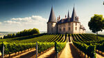 全景，远景，广角镜头，法国酒庄的哥特式酒庄建筑，周围环绕成熟的葡萄园，园丁在葡萄园中采摘红色的葡萄。