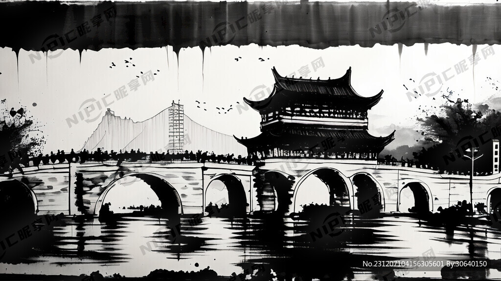 潮州广济桥的黑白泼墨背景壁画