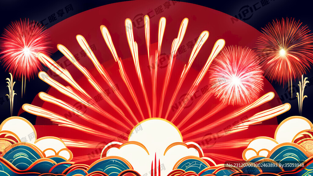 红色背景 燃放烟花爆竹 国潮风