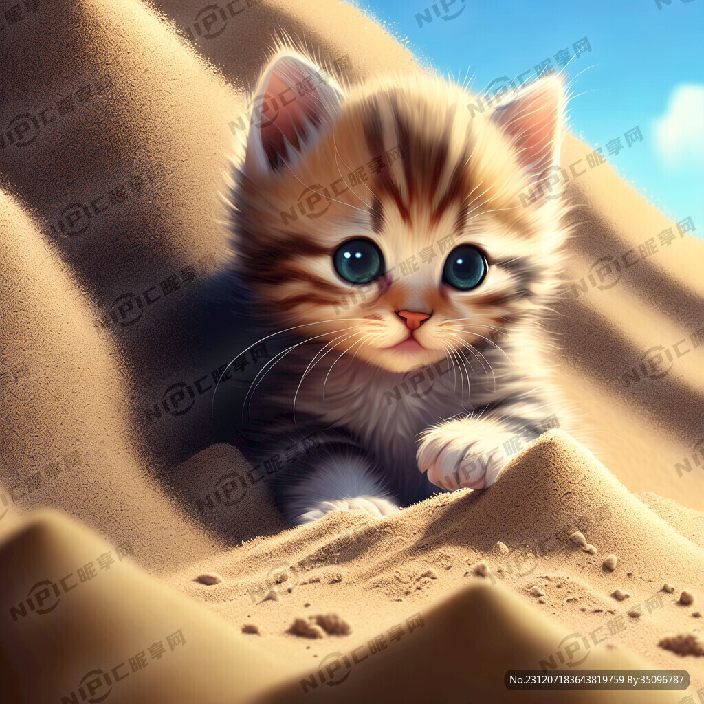 可爱小猫不小心踩进了沙堆里的动