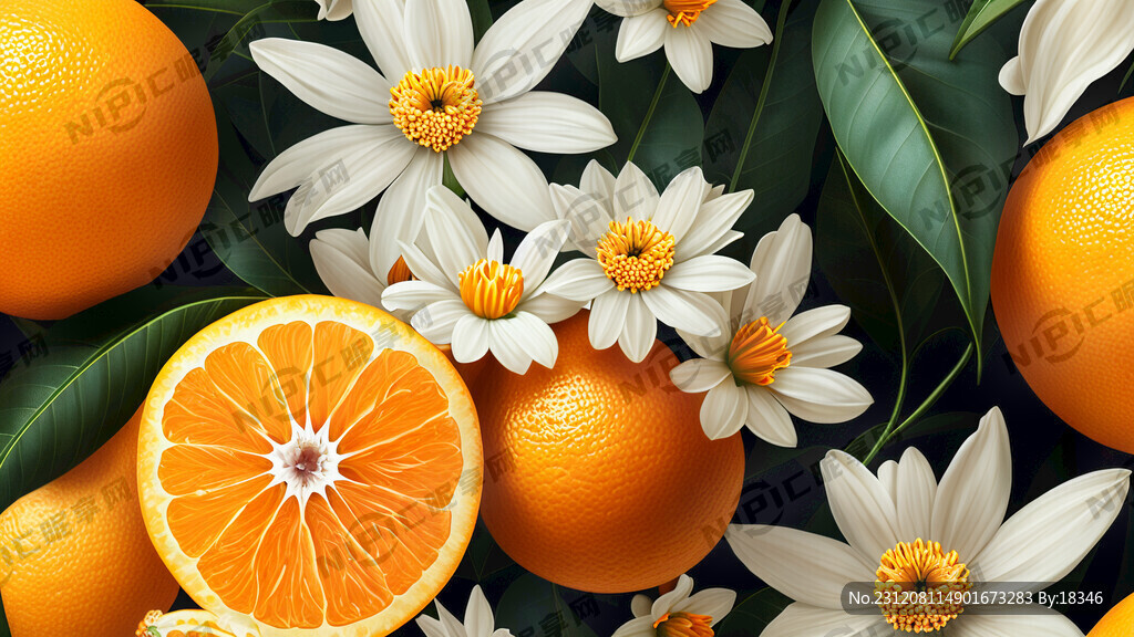 脐橙和美丽的花朵 绝美壁纸