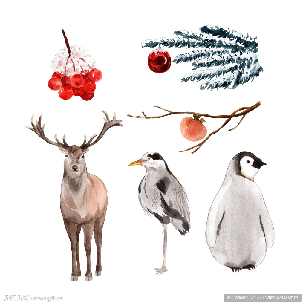 圣诞动物水彩插画