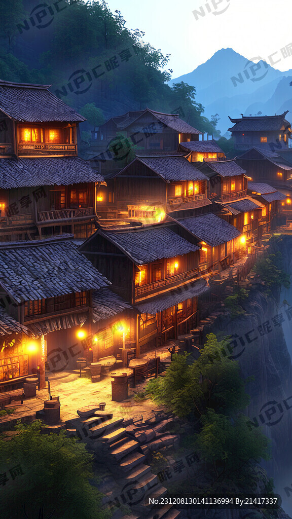 彝族村落 夜景 梦幻 层次丰富