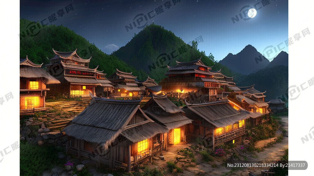 彝族村落 夜景 梦幻 层次丰富