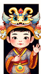 带龙头像帽子的可爱孩子 正脸 全身画 手拿元宝 财神爷 可爱形象 跳舞 卡通 春节素材 身后盘着一条龙形象 贺卡 明信片  本命年抱枕 国潮龙年插画 龙年国潮插画  红包封面 台历挂历 扁平风格 二维手绘