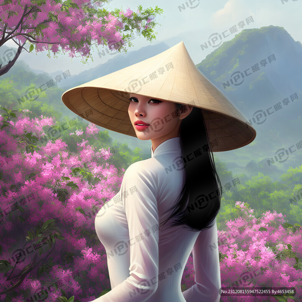 茉莉花海 越南美女转身 戴斗笠