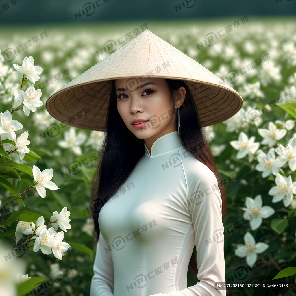 全身越南美女转身 戴斗笠