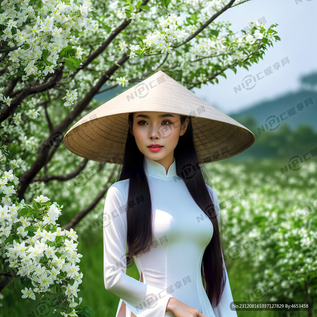 越南美女 全身 转身 戴斗笠