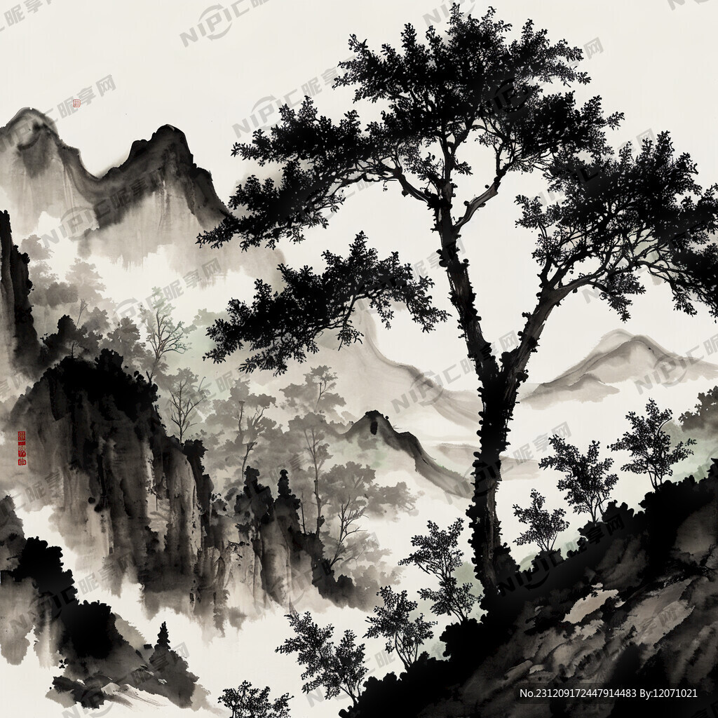 一棵茶树 山谷 中国风 中国画