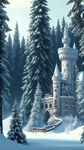 一个美丽的冰雪世界 欧式的城堡落满白雪座落在森林深处 有绿色的松树