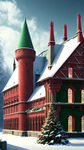 一个温馨的圣诞氛围，霍格沃斯魔法学院的城堡屋顶是绿色的红色墙，城堡的上方是雪白色天空