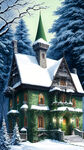 温馨的圣诞氛围，欧式城堡的屋顶落满白雪，城堡坐落在绿色的森林里，森里绿色的树上半部分落满白雪，整个画面以白色绿色为主
