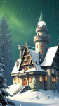 温馨的圣诞氛围，欧式城堡的屋顶落满白雪，城堡坐落在绿色的森林里，森林里都是绿色的松树上半部分落满白雪，画面以白色为主，画面主体突出城堡的屋顶部分，天空是白色的