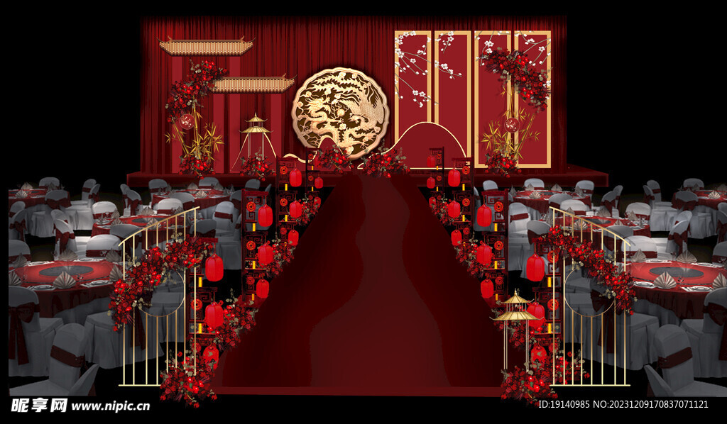 红色中式婚礼主舞台效果图