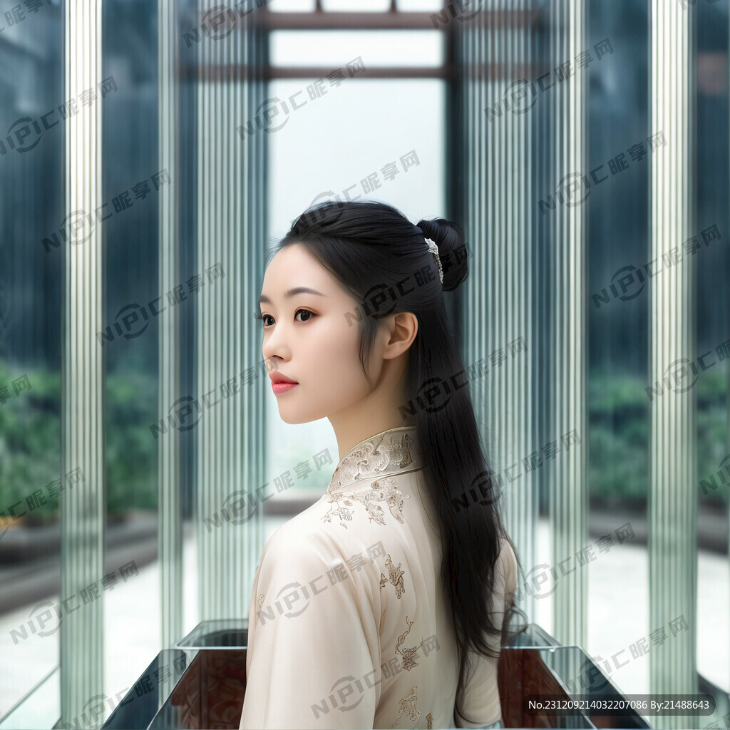 请制作一张美女在大落地玻璃前