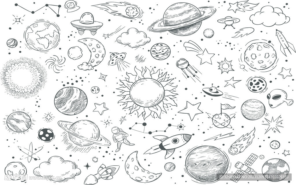 手绘线条宇宙元素背景墙 
