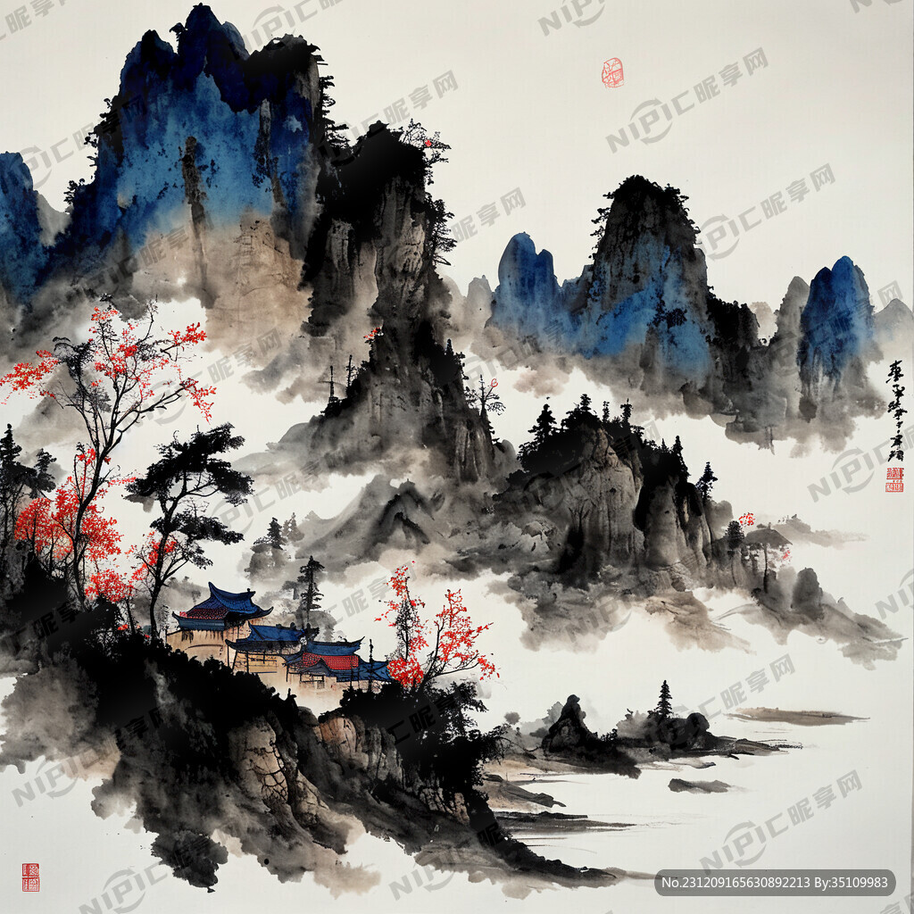 中国风 彩色山水画