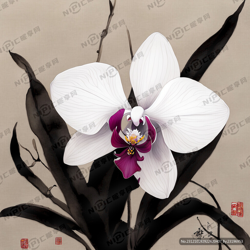白色蝴蝶兰花水墨画
