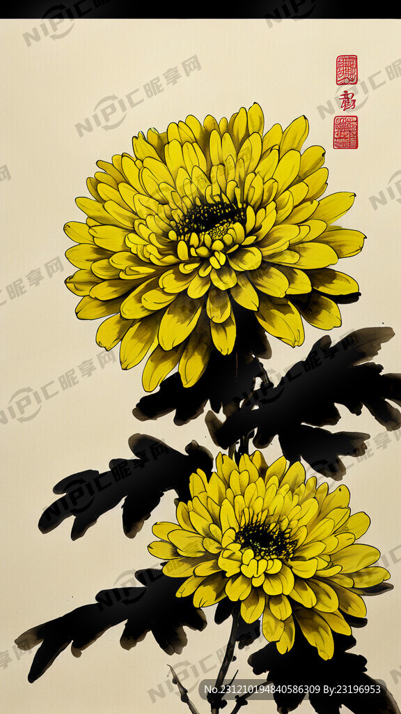 黄色菊花水墨画