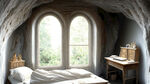 古代风格，洞府之内，一切纯白，好似一个修仙之所，有天窗有书桌有床