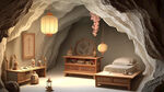 唐宋朝风格的洞穴，一切纯白，好似一个修仙之所，有书房，有卧室