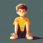 阳光大男孩，坐在地上系鞋带，卡通线条扁平，阳光帅气，正面全身，