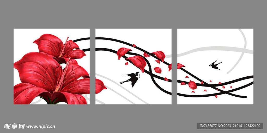红色花卉水彩三联挂画无框画