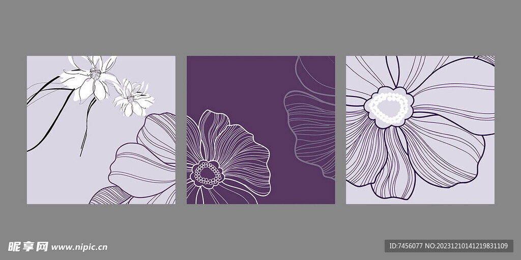 简约紫色花朵花瓣三联挂画装饰画