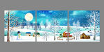 雪景树卡通房子三联挂画装饰画