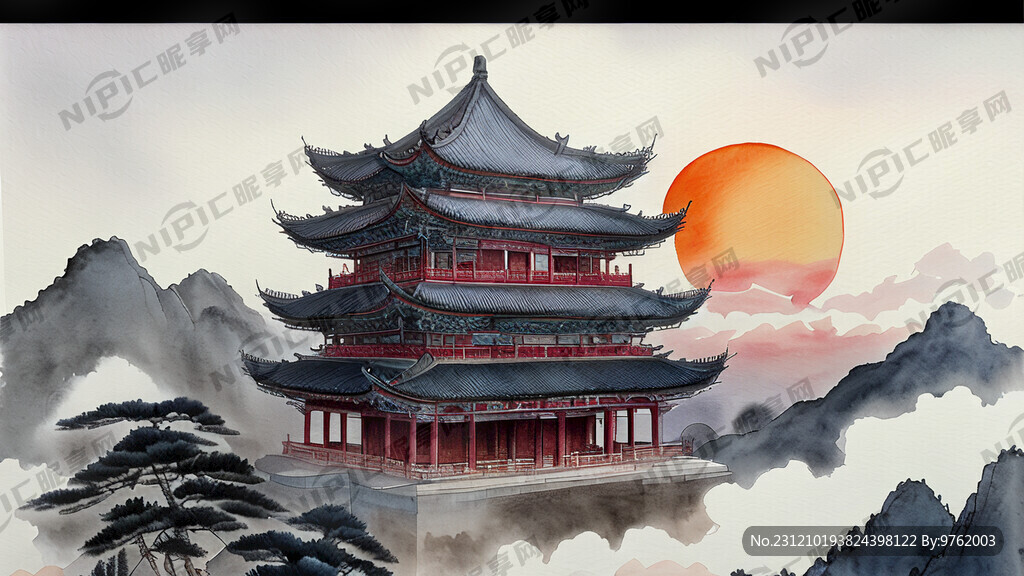 云海 太阳 高山 建筑 中国风