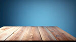 木桌，空桌子，侧视图，背景蓝色