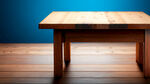木桌，空桌子，侧视图，背景蓝色