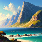 一副壮丽的风景画，包含大海与高山