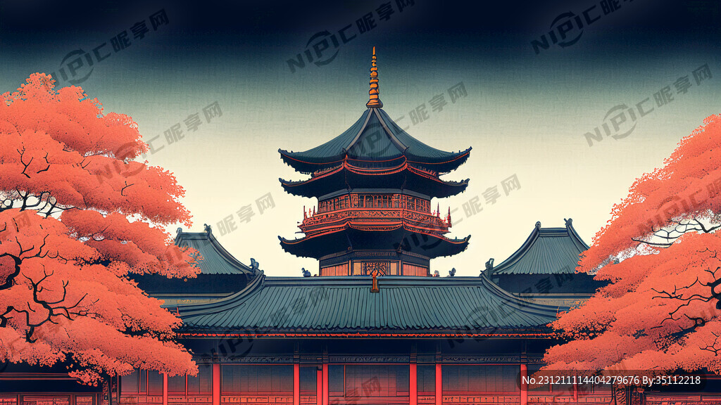 构图层次丰富 浮世绘 寺庙