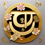 一个金光闪闪的立体福字，有礼花，有元宝，剪纸艺术，有祥云