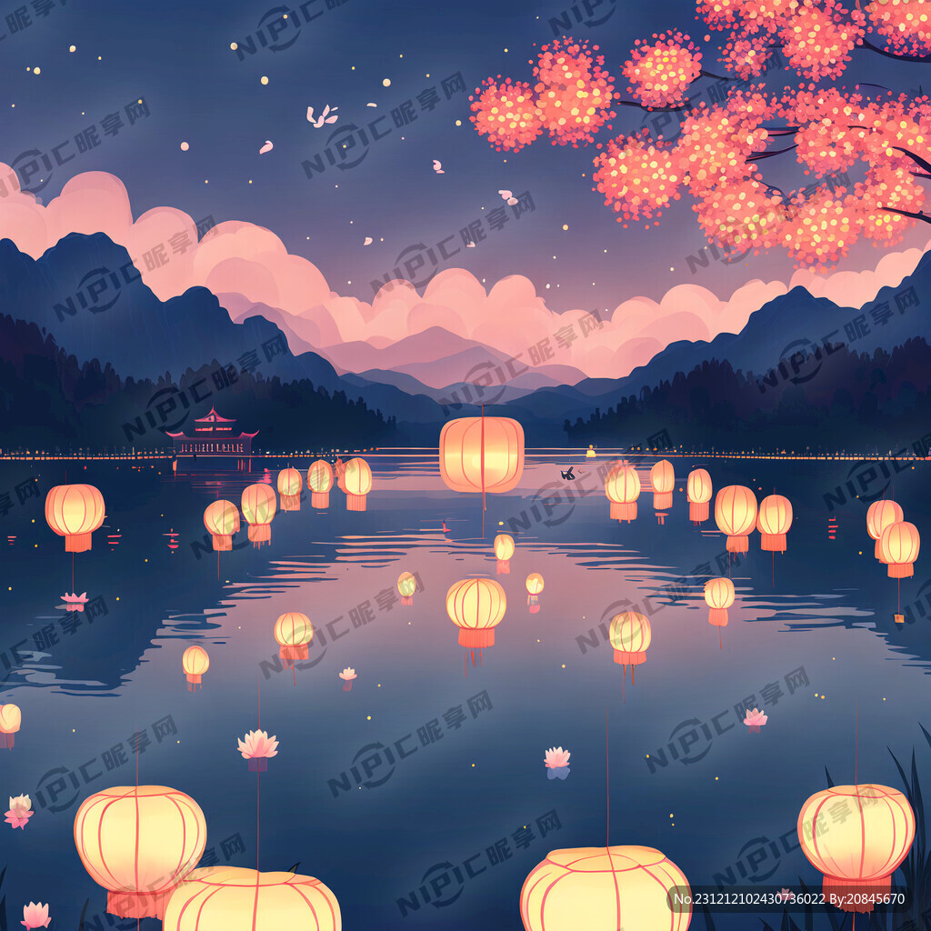 AI创作图大唐湖面夜景 湖面上漂着花灯nipic.com-昵图网