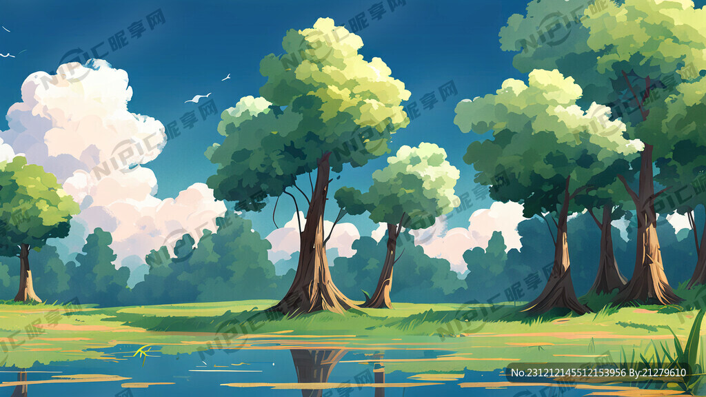 场景 粽子 夏天 树林 水 云