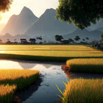 湖边，一望无垠的稻田，有高山和流水，一株很大的水稻，黄昏，阳光照射