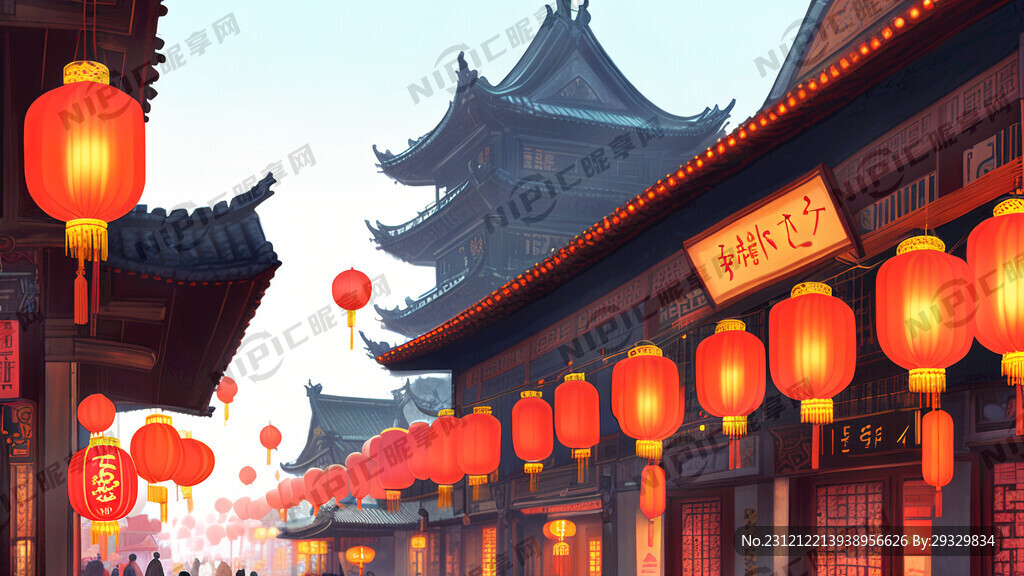 古代过年繁华街景 晚景 商业街
