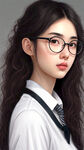 一个女大学生带着黑色的眼镜，圆圆的脸，大大的眼镜，长长的卷发咖色的，个子高高的，皮肤白白的，双眼皮长睫毛有眼线