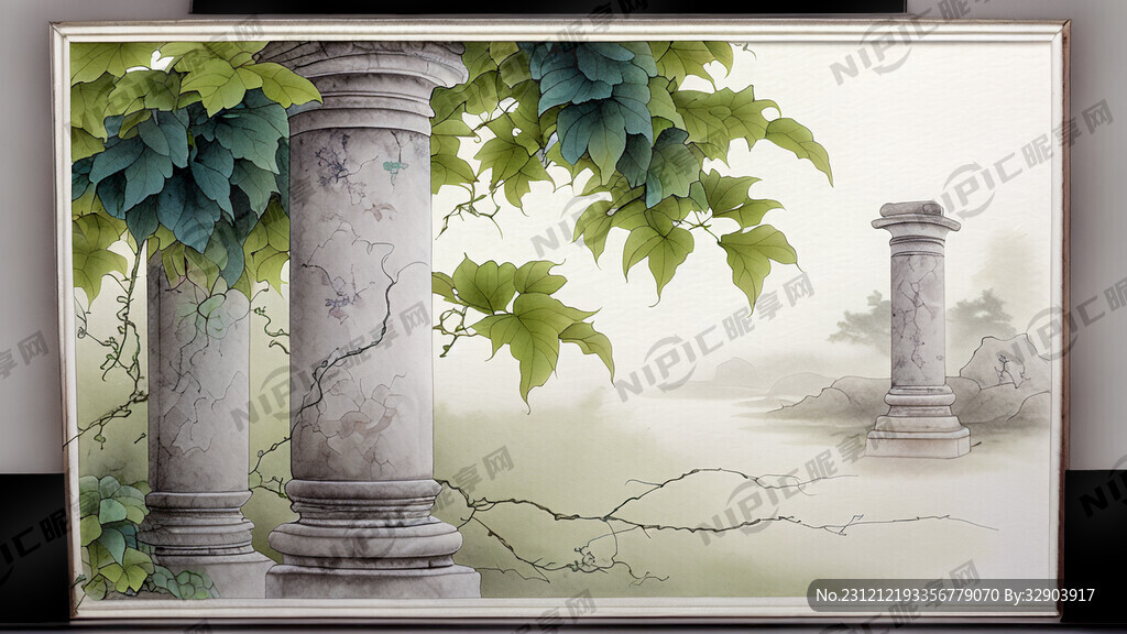 石柱加纱块藤蔓组成的屏风