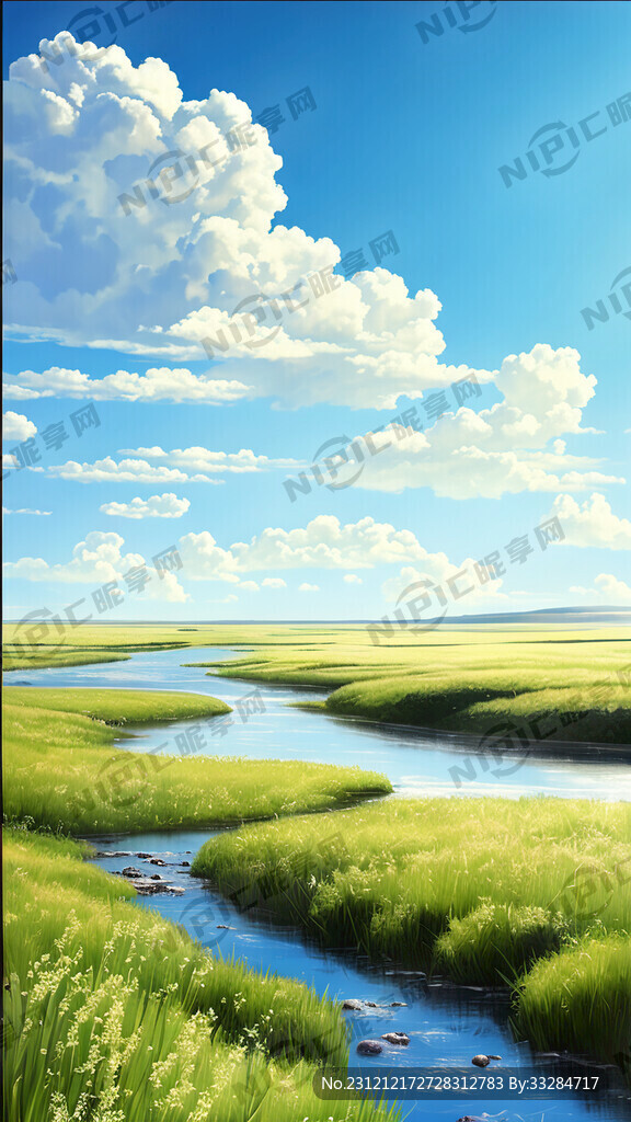 茂盛的艾草地 有河流 自然风光