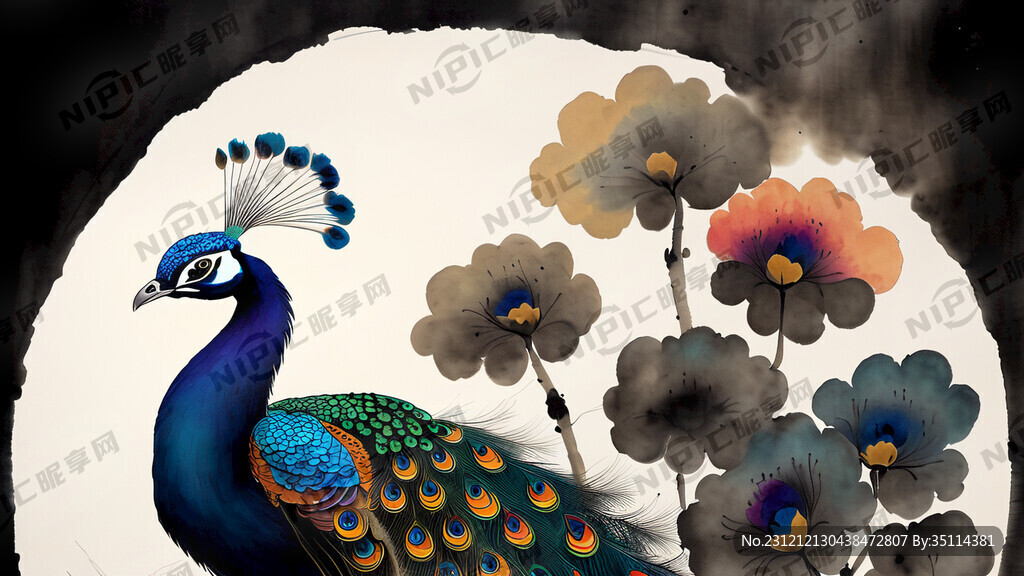 七彩云南 中国风 水墨画 孔雀