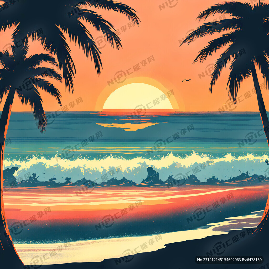 海边椰树 海浪 夕阳