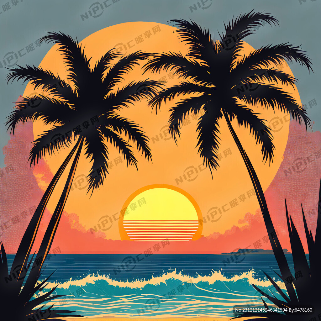 海边椰树菠萝 海浪 夕阳