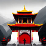 右下角藏式寺庙，寺庙红白黄三个颜色，背景朦胧山水，寺庙旁有一个双手合十的僧人