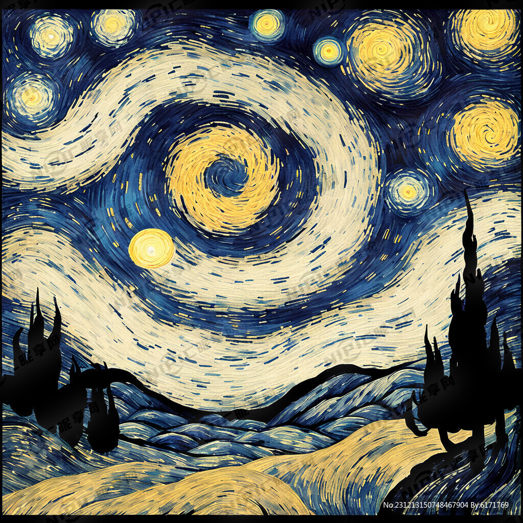 中国风的水墨技法绘画梵高的星夜